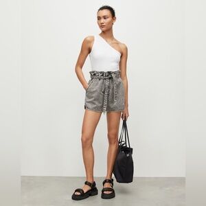 All Saints | Dale High Rise Denim Paperbag Shorts in Snow Black Size 29
